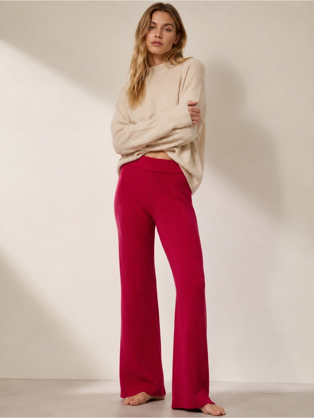 The Elder Statesman Ribbed Cashmere Pull on Flare Lounge Pant XS Fuchsia Pink